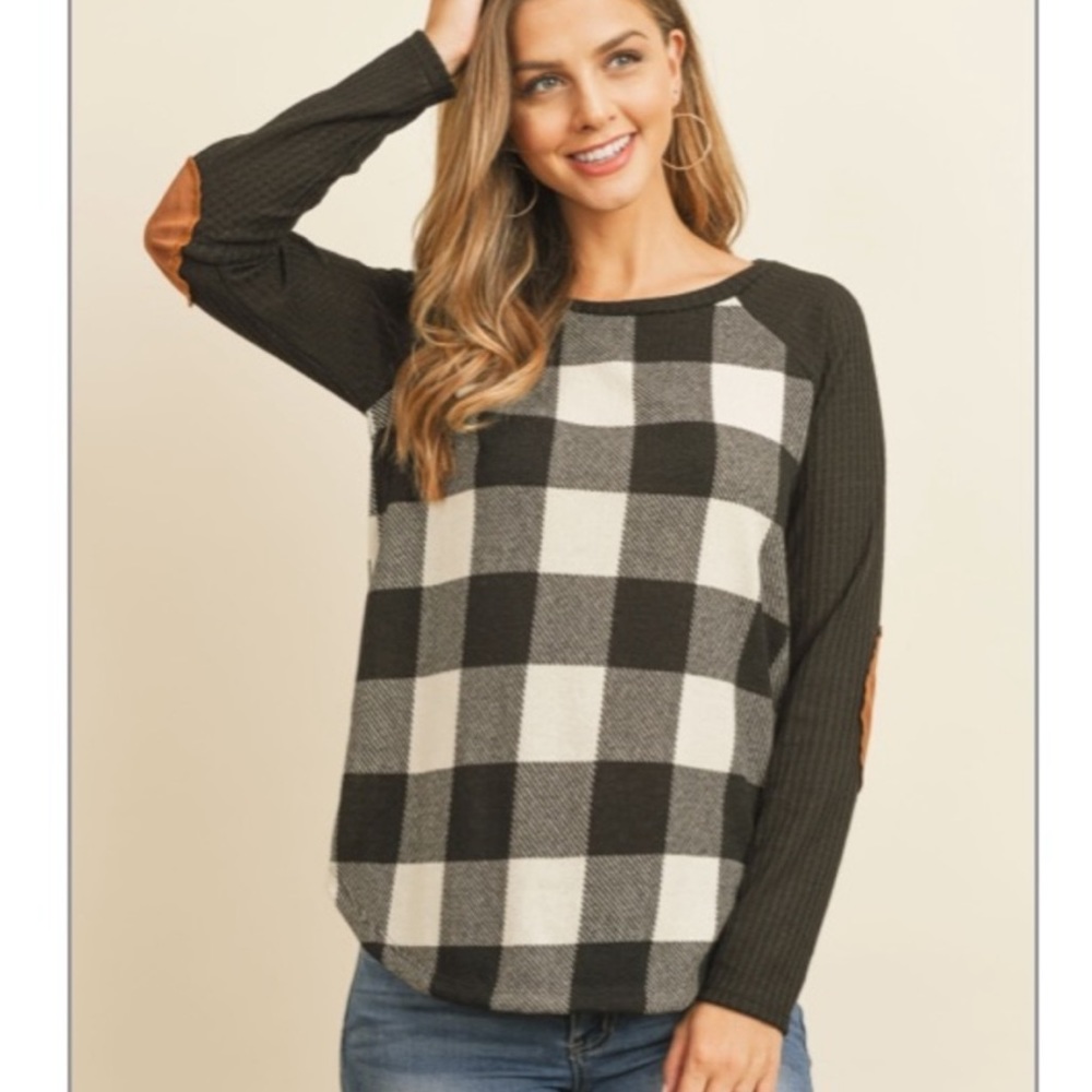 Black & White Buffalo Check, Elbow Patch Top - Picture 5 of 6